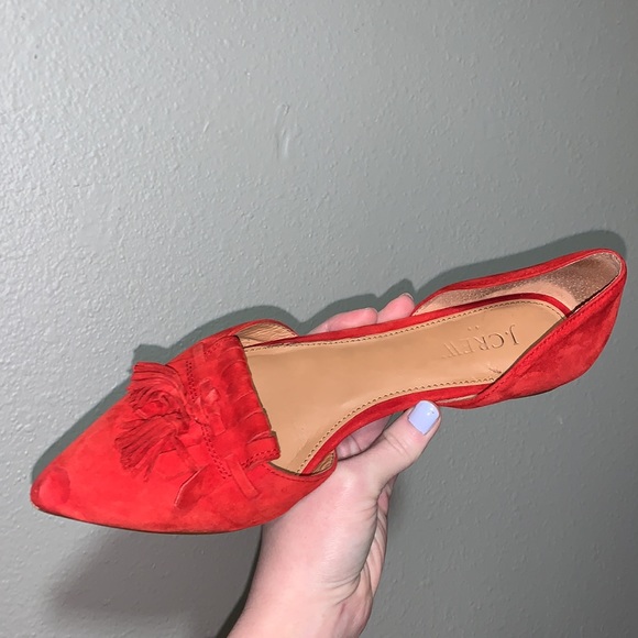PUBLIC STORAGE TOOK J. CREW bright Red leather pointed Flats Sz 8 fringe suede - Picture 16 of 16